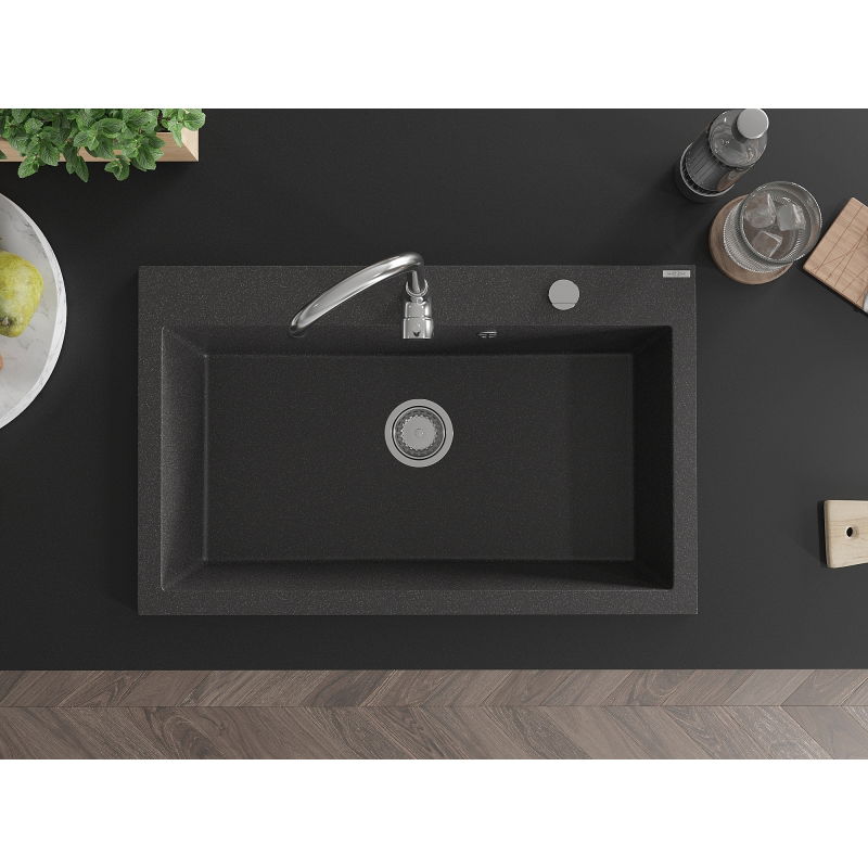 Mexen Elix chiuvetă granit 1-cuptor 800 x 500 mm, negru pătat, sifon crom - 6527801005-76