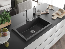 Mexen Elix chiuvetă de bucătărie din granit, cu 1 compartiment, 800 x 500 mm, negru pătat, sifon crom - 6527801005-76