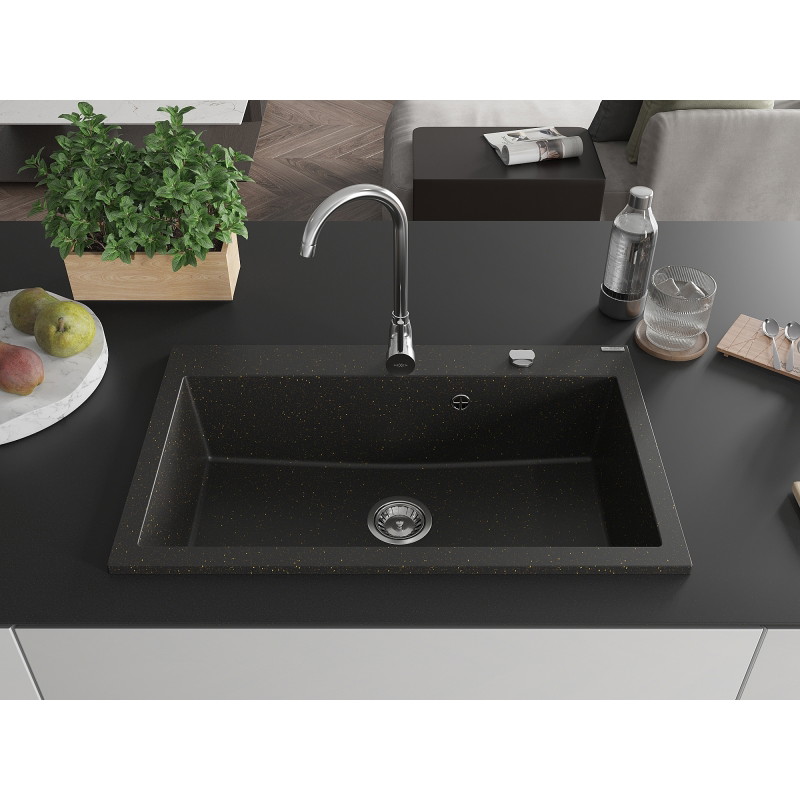 Mexen Elix chiuvetă de granit, cu o cuvă, 800 x 500 mm, negru/auriu metalic, sifon cromat - 6527801005-75