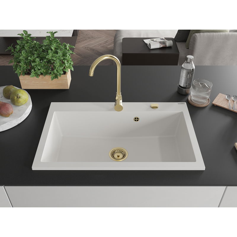 Mexen Elix chiuvetă de bucătărie din granit cu un singur compartiment 800 x 500 mm, alb, sifon auriu - 6527801005-20-G