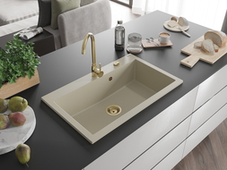Mexen Elix chiuvetă de bucătărie din granit cu 1 compartiment 800 x 500 mm, bej, sifon aurit - 6527801005-69-G