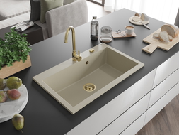 Mexen Elix chiuvetă de bucătărie din granit cu 1 compartiment 800 x 500 mm, bej, sifon auriu - 6527801005-69-G