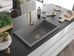 Mexen Elix chiuvetă de bucătărie din granit cu 1 cameră 800 x 500 mm, gri, sifon auriu - 6527801005-71-G
