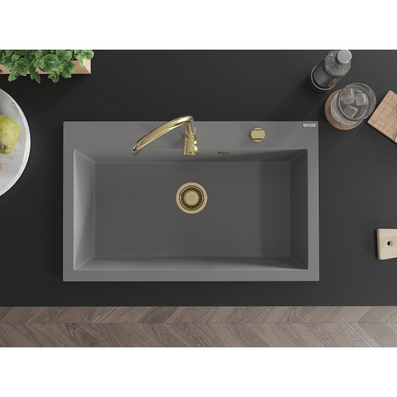 Mexen Elix gránit egymedencés mosogató 800 x 500 mm, szürke, arany szifonnal - 6527801005-71-G