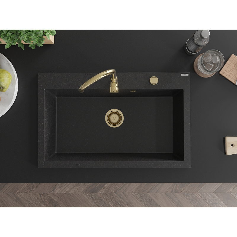 Mexen Elix egymedencés gránit mosogató 800 x 500 mm, fekete/ezüst metál, arany szifon - 6527801005-73-G