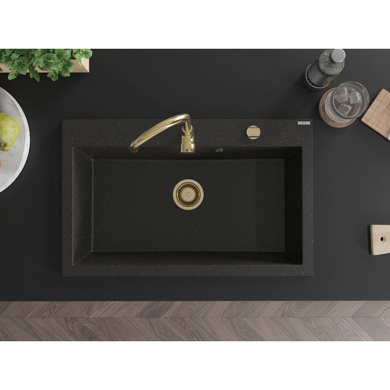 Mexen Elix 1-medencés gránit mosogató 800 x 500 mm, fekete/arany metál, arany szifon - 6527801005-75-G