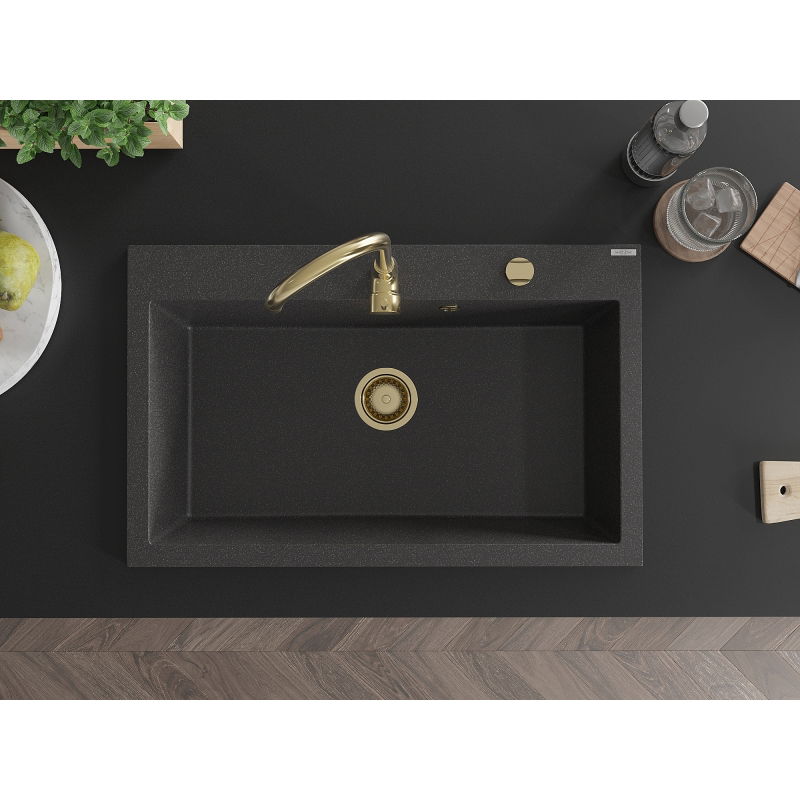 Mexen Elix chiuvetă de granit, 1 cuvă, 800 x 500 mm, negru pătat, sifon auriu - 6527801005-76-G