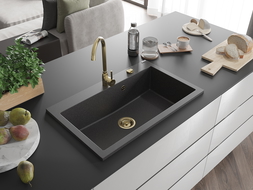 Mexen Elix chiuvetă de granit cu o cuvă 800 x 500 mm, neagră cu puncte, sifon auriu - 6527801005-76-G