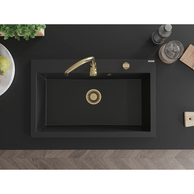 Mexen Elix gránit mosogató egytálcás 800 x 500 mm, fekete, arany szifon - 6527801005-77-G
