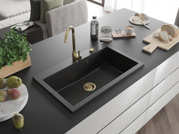 Mexen Elix chiuvetă de bucătărie din granit cu 1 compartiment 800 x 500 mm, negru, sifon auriu - 6527801005-77-G