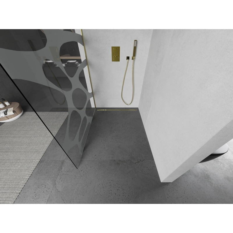 Mexen Kioto Perete de duș Walk-in 70 x 200 cm, transparent/furtună albă 8 mm, auriu - 800-070-101-50-97