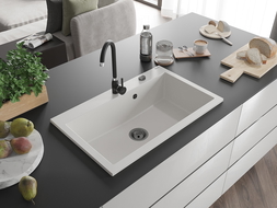 Mexen Elix egymedencés gránit mosogató 800 x 500 mm, fehér, fekete szifon - 6527801005-20-B