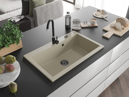 Mexen Elix chiuvetă de bucătărie din granit cu 1 compartiment 800 x 500 mm, bej, sifon negru - 6527801005-69-B
