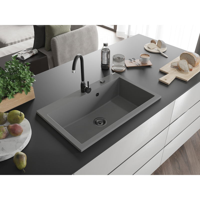 Mexen Elix chiuvetă de granit 1-cameră 800 x 500 mm, gri, sifon negru - 6527801005-71-B