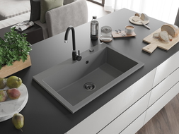 Mexen Elix gránit mosogató 1-medencés 800 x 500 mm, szürke, fekete szifon - 6527801005-71-B