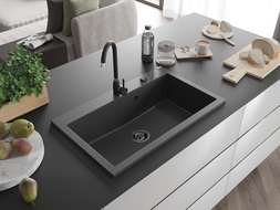 Mexen Elix chiuvetă de bucătărie din granit, cu 1 cuvă, 800 x 500 mm, negru pătat, sifon negru - 6527801005-76-B