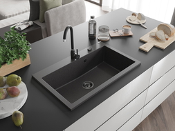 Mexen Elix chiuvetă din granit cu 1 compartiment 800 x 500 mm, negru pătat, sifon negru - 6527801005-76-B