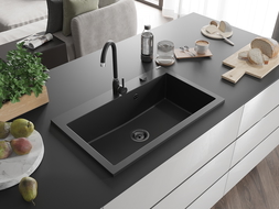 Mexen Elix chiuvetă de bucătărie din granit cu 1 compartiment 800 x 500 mm, negru, sifon auriu - 6527801005-77-B