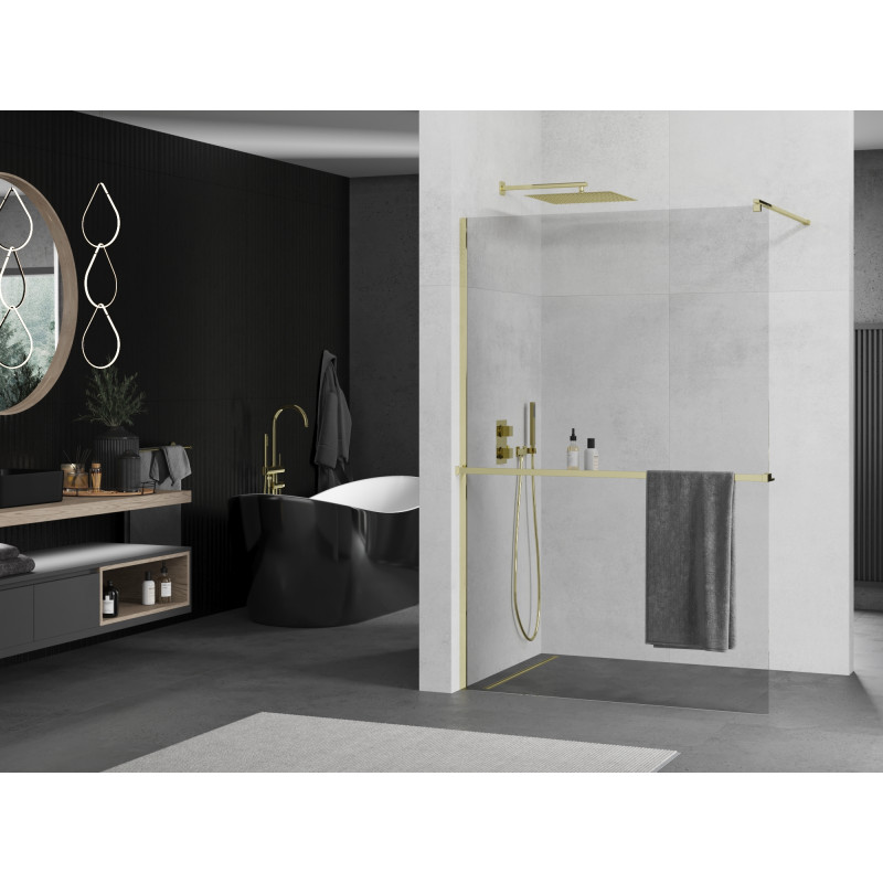 Mexen Kioto+ perete de duș cu raft Walk-in 90 x 200 cm, transparent, auriu - 800-090-121-50-00