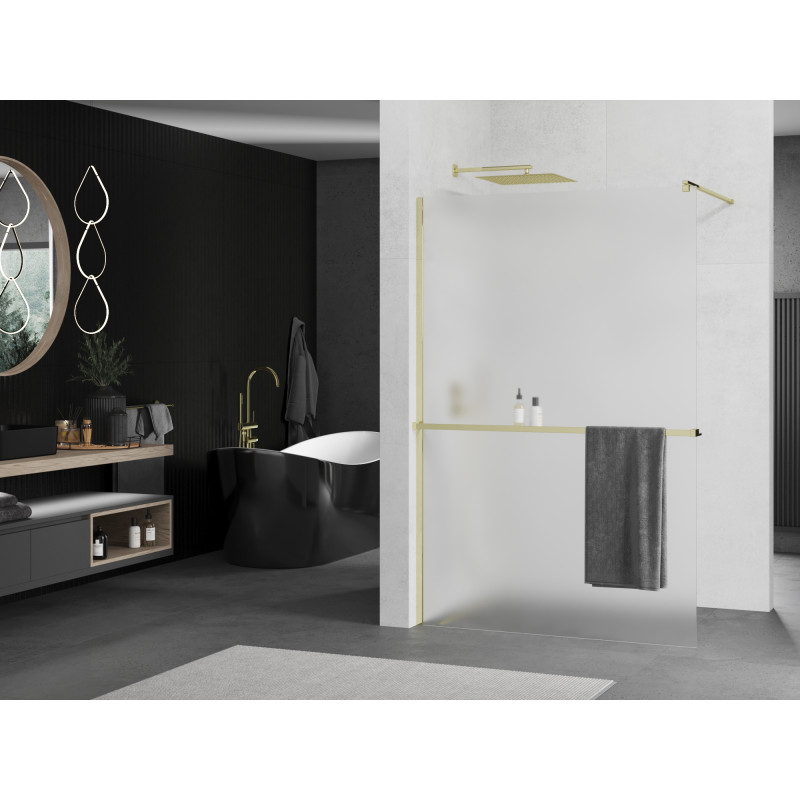 Mexen Kioto+ Walk-in zuhanyfal polccal, 90 x 200 cm, fagyott, arany - 800-090-121-50-30