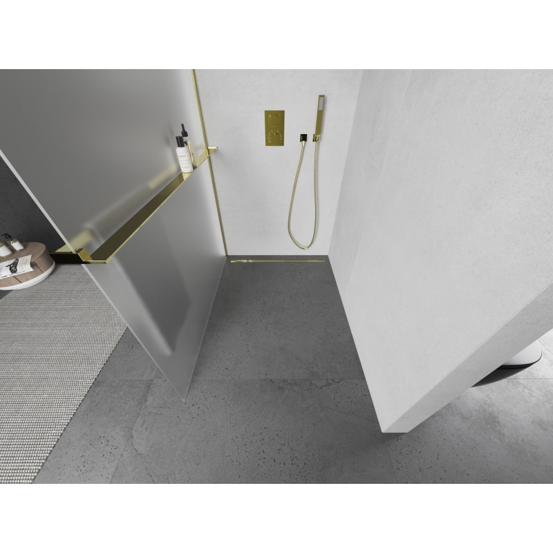 Mexen Kioto+ perete pentru duș cu raft Walk-in 90 x 200 cm, mat, auriu - 800-090-121-50-30