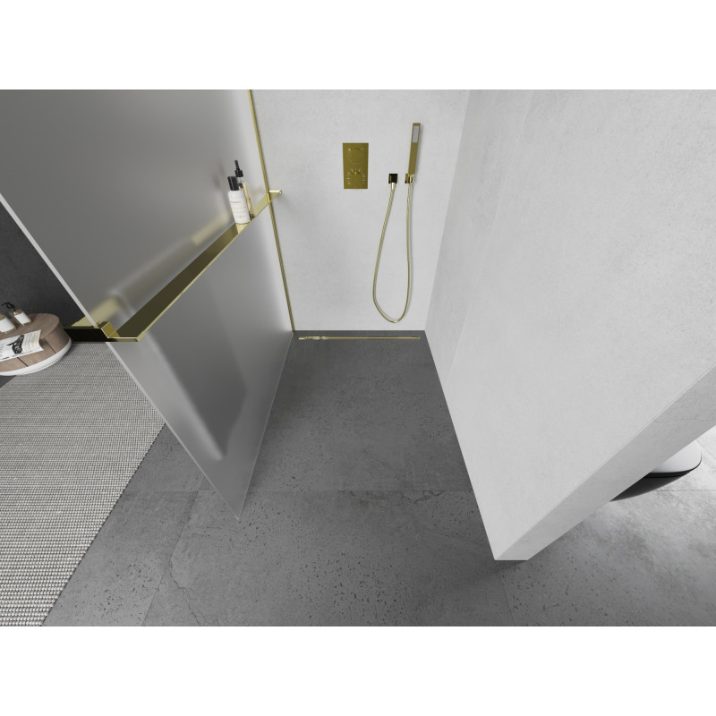 Mexen Kioto+ zuhanyfal polccal Walk-in 100 x 200 cm, homokfúvott, arany - 800-100-121-50-30