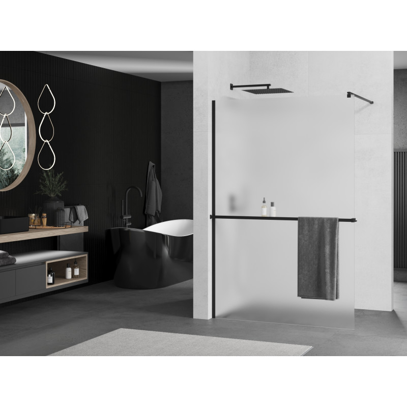 Mexen Kioto+ zuhanyfal polccal Walk-in 110 x 200 cm, fagyott, fekete - 800-110-121-70-30