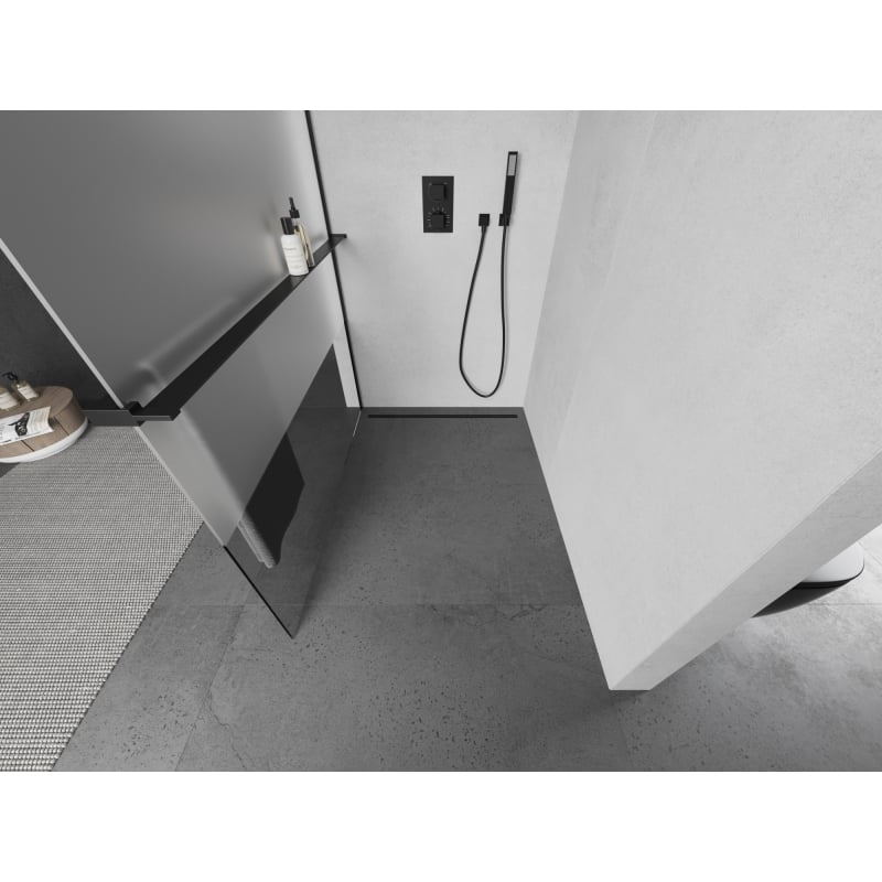 Mexen Kioto+ zuhanyfal polccal Walk-in 90 x 200 cm, átlátszó/fagyos, fekete - 800-090-121-70-35