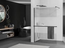 Mexen Kioto+ zuhanyfal polccal Walk-in 100 x 200 cm, átlátszó/deres, fekete - 800-100-121-70-35