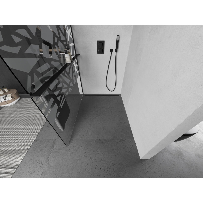 Mexen Kioto+ zuhanyfal polccal Walk-in 130 x 200 cm, fehér mintás, fekete - 800-130-121-70-85