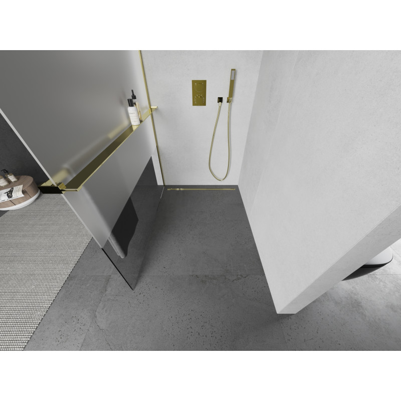 Mexen Kioto+ zuhanyfal polccal Walk-in 80 x 200 cm, áttetsző/fagyott, arany - 800-080-121-50-35