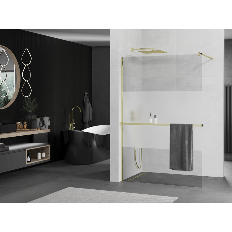 Mexen Kioto+ zuhanyfal polccal Walk-in 80 x 200 cm, áttetsző/fagyott, arany - 800-080-121-50-35