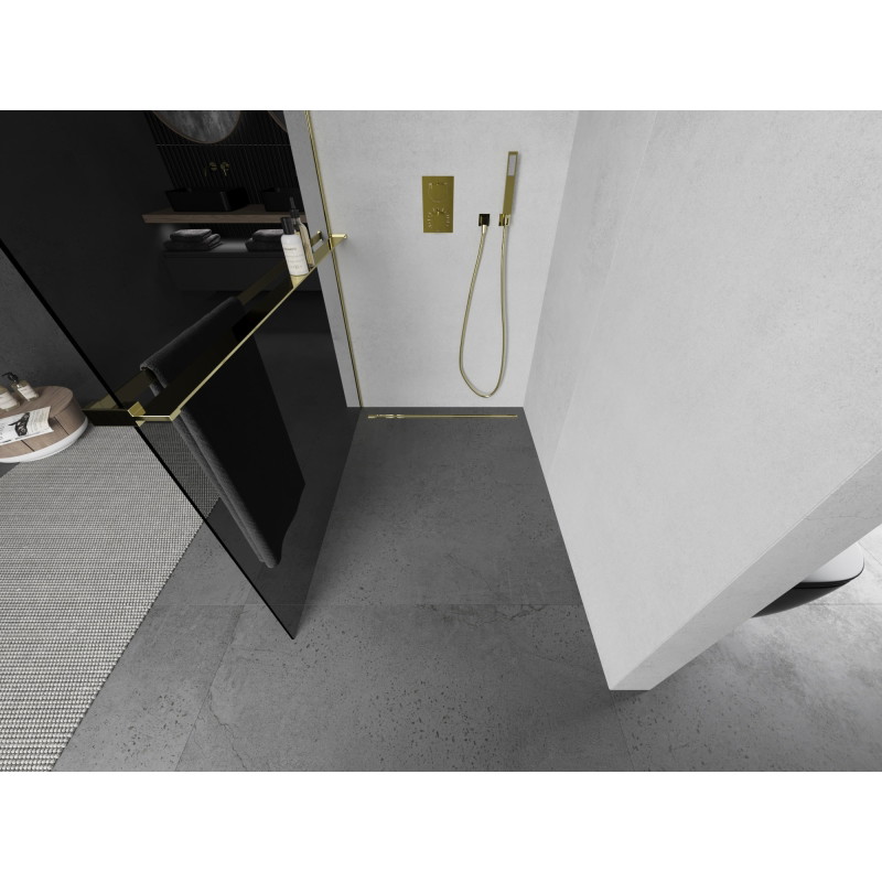 Mexen Kioto+ walk-in zuhanyfal polccal 70 x 200 cm, grafit, arany - 800-070-121-50-40