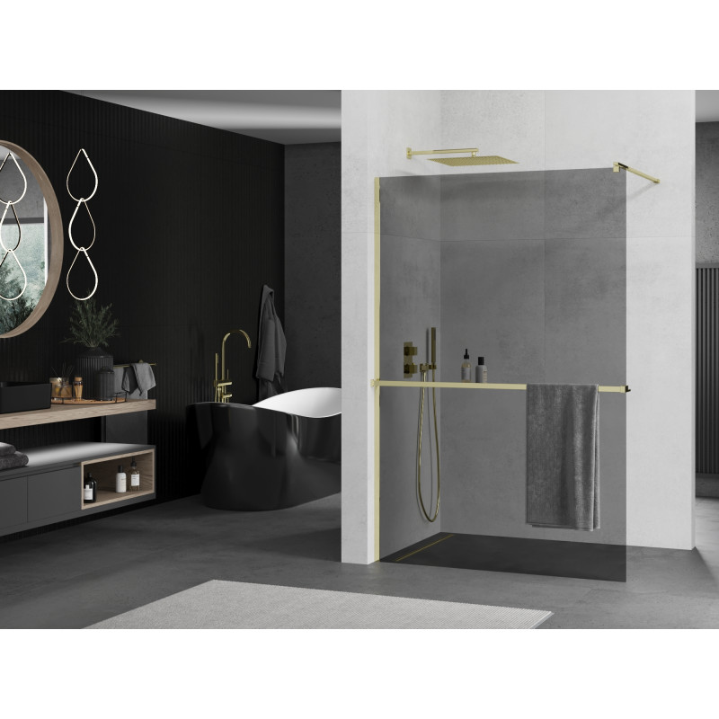 Mexen Kioto+ perete de duș cu raft Walk-in 70 x 200 cm, grafit, auriu - 800-070-121-50-40