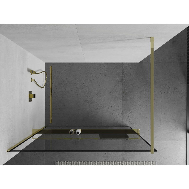 Mexen Kioto+ zuhanyfal polccal Walk-in 120 x 200 cm, fekete keret, arany - 800-120-121-50-70