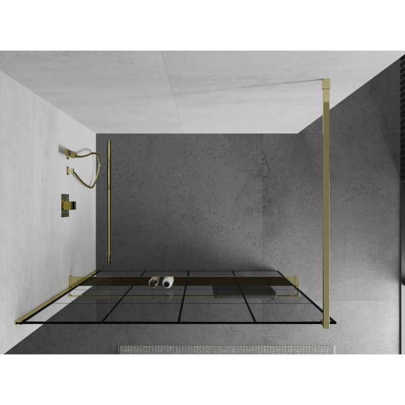 Mexen Kioto+ zuhanyfal polccal Walk-in 140 x 200 cm, fekete rács, arany - 800-140-121-50-77