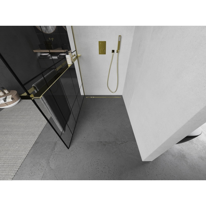 Mexen Kioto+ 70 x 200 cm-es, zuhanypanel polccal, walk-in, fekete mintás, arany színű - 800-070-121-50-78