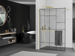 Mexen Kioto+ képernyő fal polccal Walk-in 70 x 200 cm, fekete minta, arany - 800-070-121-50-78