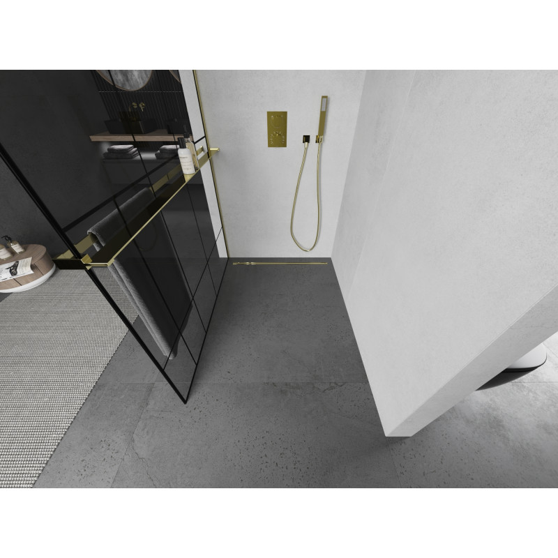 Mexen Kioto+ perete de duș cu raft Walk-in 80 x 200 cm, model negru, auriu - 800-080-121-50-78