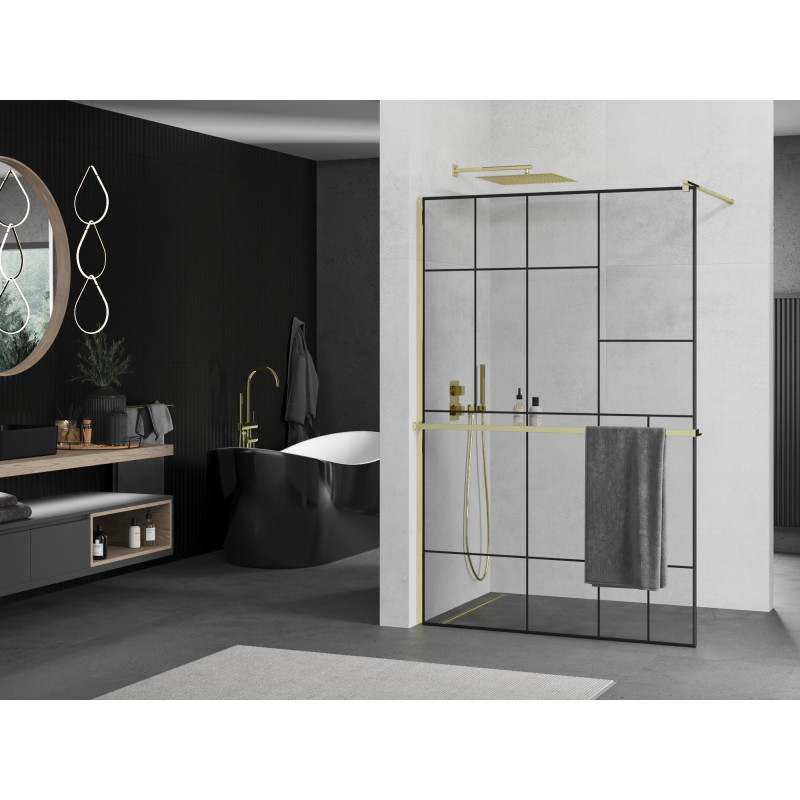 Mexen Kioto+ perete de duș cu raft Walk-in 130 x 200 cm, model negru, aur - 800-130-121-50-78