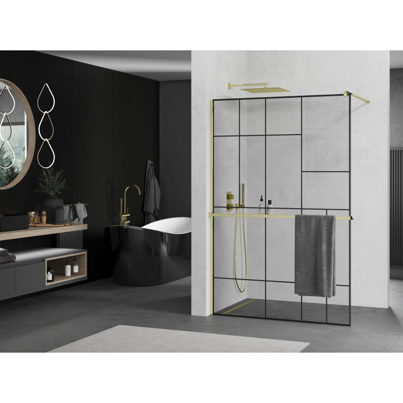 Mexen Kioto+ zuhanyfal polccal Walk-in 140 x 200 cm, fekete mintás, arany - 800-140-121-50-78