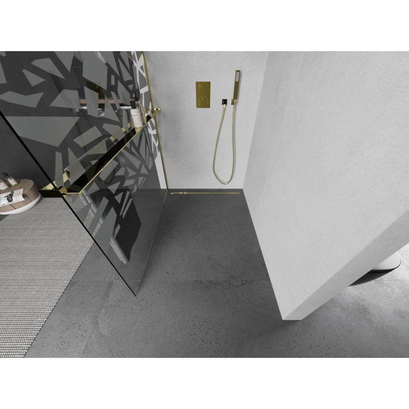 Mexen Kioto+ 70 x 200 cm-es Walk-in zuhanyfal polccal, fehér mintás, arany - 800-070-121-50-85