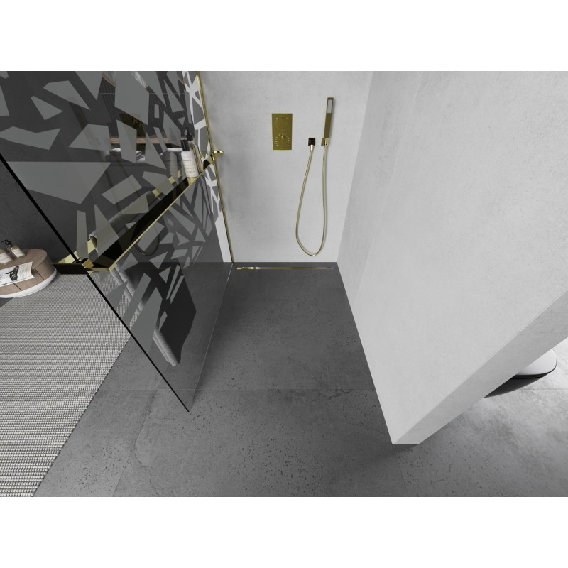 Mexen Kioto+ zuhanyfal polccal Walk-in 100 x 200 cm, fehér mintával, arany - 800-100-121-50-85