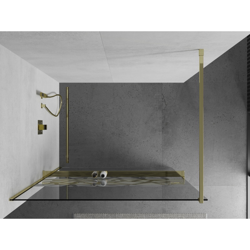 Mexen Kioto+ sétáló zuhanyfal polccal 110 x 200 cm, fehér minta, arany - 800-110-121-50-85