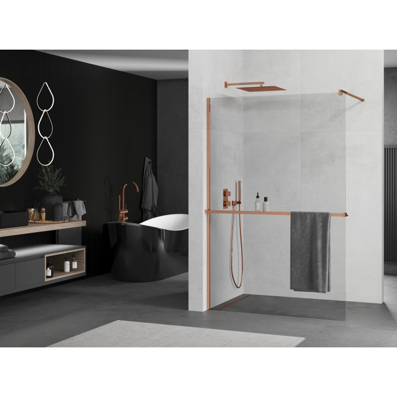 Mexen Kioto+ zuhanyfal polccal Walk-in 90 x 200 cm, átlátszó, rózsaarany - 800-090-121-60-00