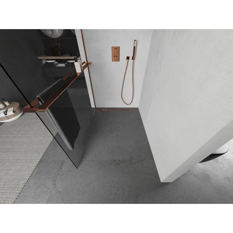 Mexen Kioto+ zuhanyfal Walk-in 100 x 200 cm polccal, átlátszó, rózsaarany - 800-100-121-60-00