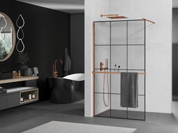 Mexen Kioto+ Walk-in zuhanyfal polccal, 120 x 200 cm, fekete rács, rózsaarany - 800-120-121-60-77