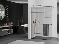 Mexen Kioto+ zuhanyfal polccal Walk-in 100 x 200 cm, fekete mintás, rózsaszín arany - 800-100-121-60-78