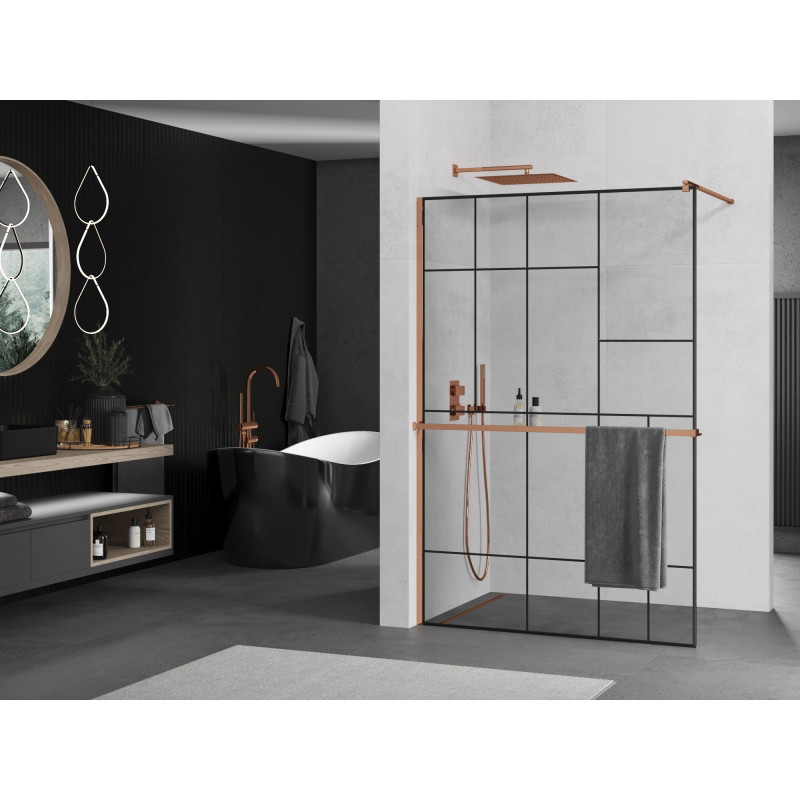 Mexen Kioto+ panou de duș cu raft Walk-in 130 x 200 cm, model negru, aur roz - 800-130-121-60-78