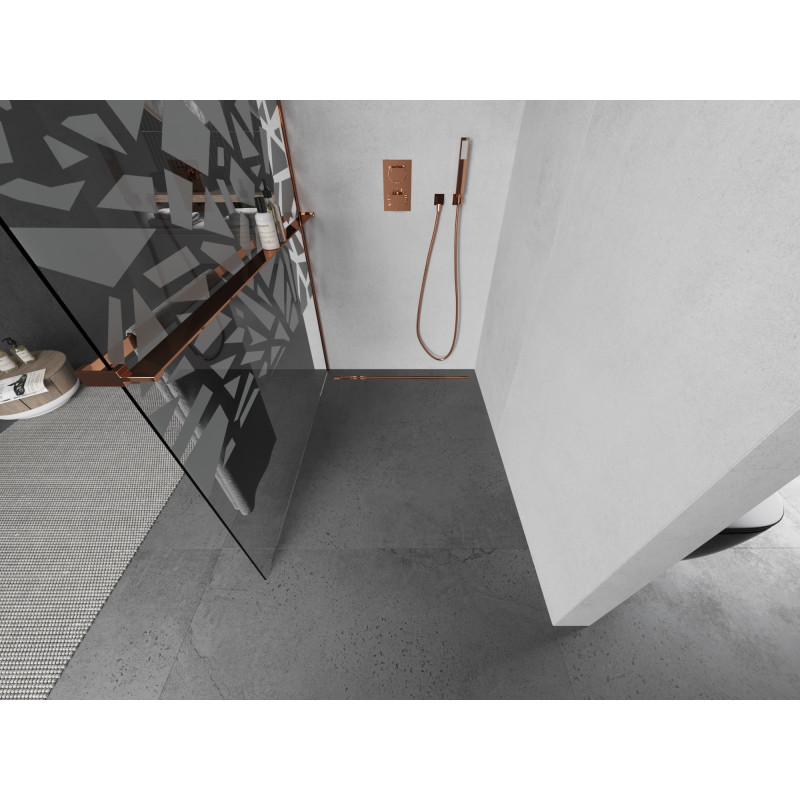 Mexen Kioto+ Walk-in zuhanyfal polccal 100 x 200 cm, fehér mintás, rózsaarany - 800-100-121-60-85